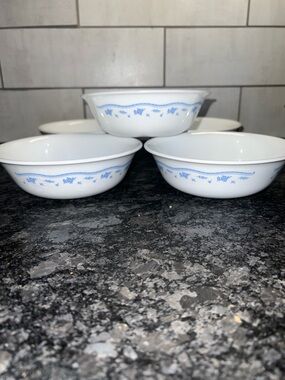 White MORNING BLUE Corelle cereal Bowls with Blue Floral Trim - Set of 5